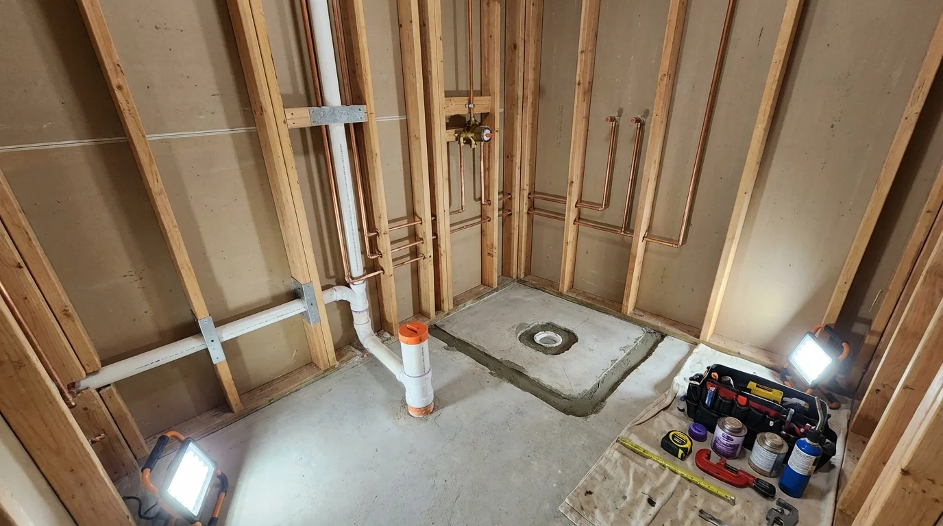 Bathroom rough-in plumbing during remodel by Johns Plumbing LLC in Kernersville