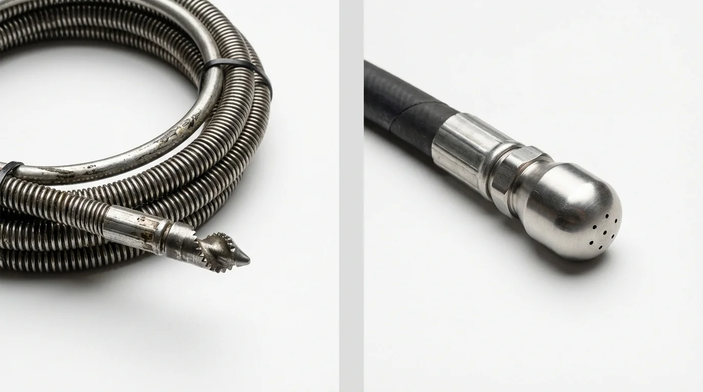 Drain snake cable and hydro jetting nozzle used for drain cleaning in Kernersville, NC
