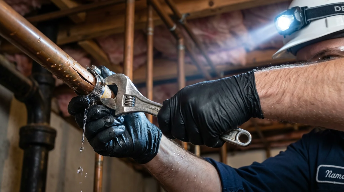 Emergency pipe clamp repair being performed by a Johns Plumbing LLC plumber in Kernersville