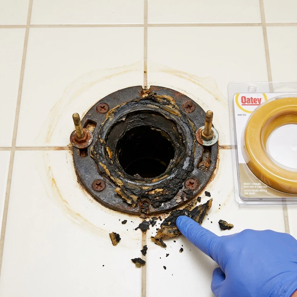 Failed wax ring showing water seepage at the base of a toilet in a Kernersville, NC home