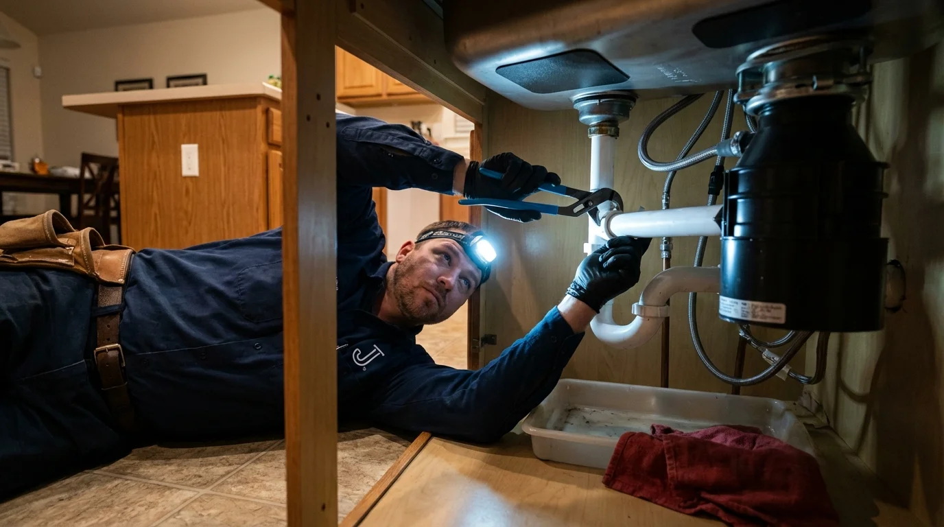 P-trap and supply line connections under a kitchen sink showing a common leak point in Kernersville, NC
